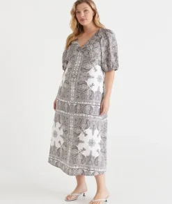 Bandana Print V Neck Short Sleeve Midi Linen Dress