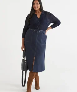 Belted A-Line Midi Skirt