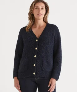 Boucle Longline V Neck Cardigan - Ink