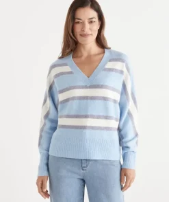 Brushed Stripe V Neck Jumper