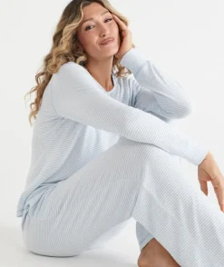 Brushed Wide Leg Stripe Pyjama Pant - Blue