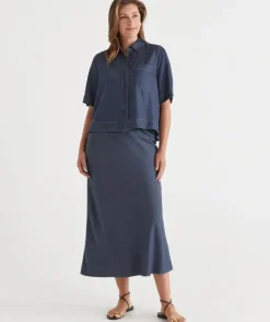 Chambray Drawstring Midi Skirt