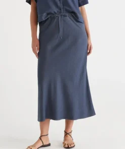 Chambray Drawstring Midi Skirt