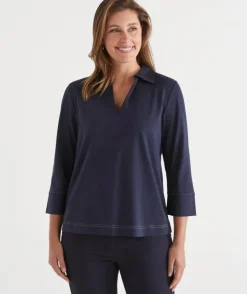 Contrast Stitch Collared 3/4 Sleeve Top