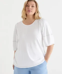 Contrast Stitch Puff Sleeve Top