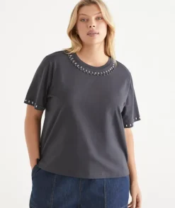 Embellished Short Sleeve Tee - Slate