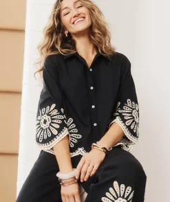 Embroidered Scallop Hem Shirt - Black