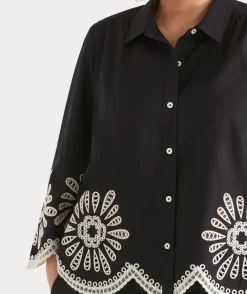 Embroidered Scallop Hem Shirt - Black