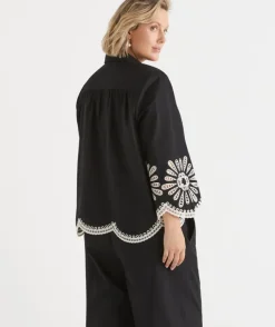 Embroidered Scallop Hem Shirt - Black