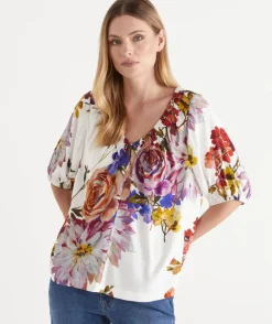 Floral Bloom V Neck Ruched Top