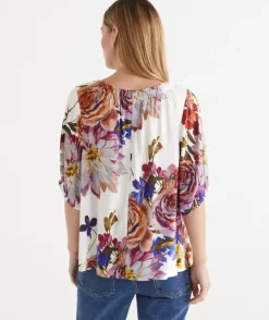 Floral Bloom V Neck Ruched Top