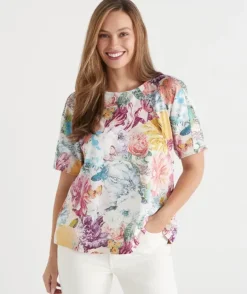 Floral Brights Seam Detail Short Sleeve Top