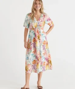 Floral Brights V Neck Shirred Midi Linen Dress