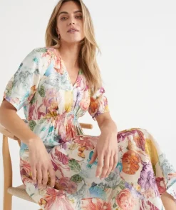 Floral Brights V Neck Shirred Midi Linen Dress