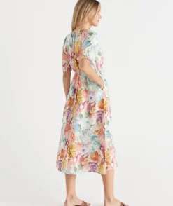 Floral Brights V Neck Shirred Midi Linen Dress