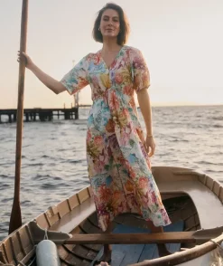 Floral Brights V Neck Shirred Midi Linen Dress