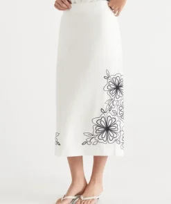 Floral Embroidered Column Skirt - White