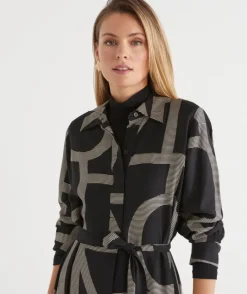 Geometric Print Popover Midi Dress - Black