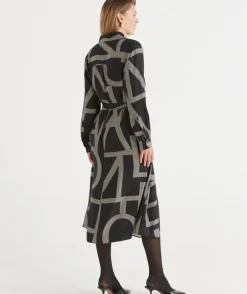 Geometric Print Popover Midi Dress - Black