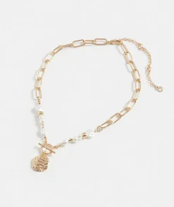 Gold Pearl Chain Fob Necklace