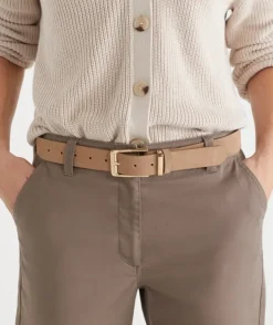 Gold Square Buckle Suede Leather Belt - Stone