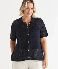Knit Pointelle Polo Top