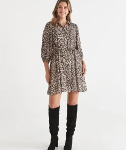 Leopard Print Belted Midi Shirt Dress