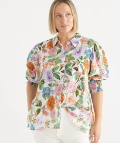 Linen Floral Botanical 3/4 Sleeve Shirt