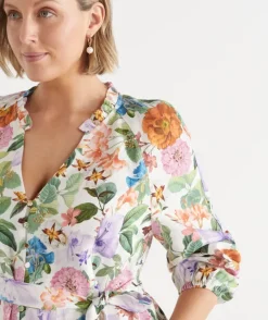 Linen Floral Botanical Long Sleeve Dress