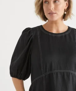 Linen Stitch Detail Short Sleeve Midi Dress