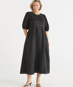 Linen Stitch Detail Short Sleeve Midi Dress
