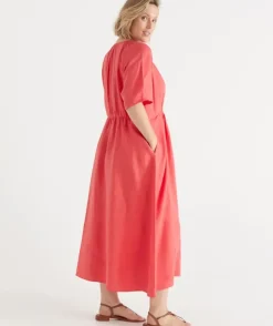 Linen V Neck Shirred Short Sleeve Midi Dress