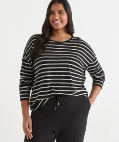 Long Sleeve Stripe Pleat Back Tee - Black/Natural