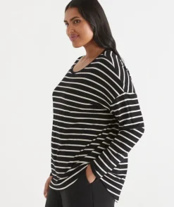 Long Sleeve Stripe Pleat Back Tee - Black/Natural