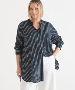 Longline Curved Hem Stripe Shirt