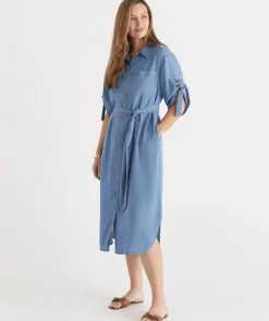 Lyocell Short Sleeve Midi Shirt Dress