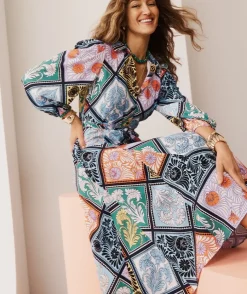 Mosaic Print Long Sleeve Midi Shirt Dress
