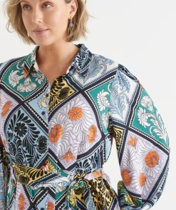 Mosaic Print Long Sleeve Midi Shirt Dress