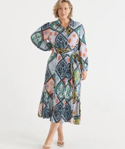 Mosaic Print Long Sleeve Midi Shirt Dress