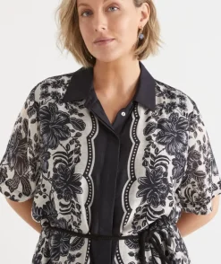 Noir Bloom Short Sleeve Midi Shirt Dress