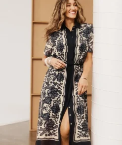 Noir Bloom Short Sleeve Midi Shirt Dress
