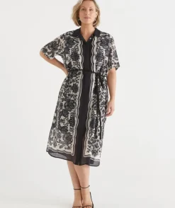 Noir Bloom Short Sleeve Midi Shirt Dress