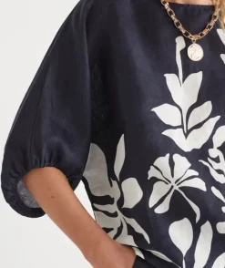 Palm Print 3/4 Sleeve Top - Midnight