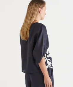 Palm Print 3/4 Sleeve Top - Midnight