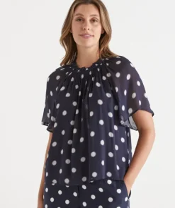 Polka Dot Gathered Neck Blouse