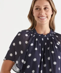 Polka Dot Gathered Neck Blouse