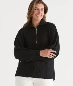 Quarter Zip Longline Jumper - Black