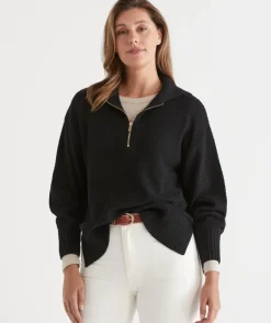 Quarter Zip Longline Jumper - Black