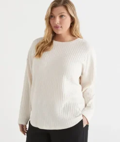 Self-Stripe Curve Hem Long Sleeve Top