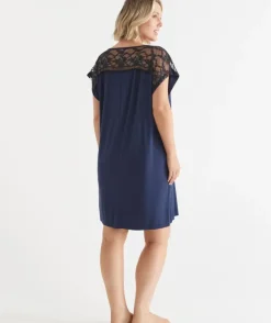 Short Sleeve Navy Lace Nightie